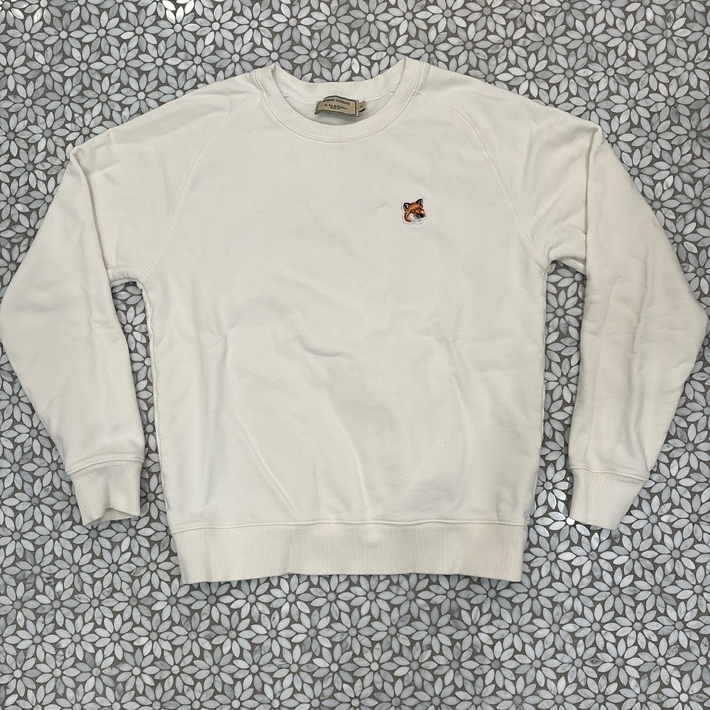 Women's Maison Kitsune Pullover Sweatshirt with Fox Head in Cream, Size S